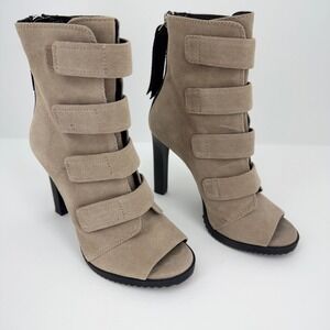 DKNY Womens Taupe Suede Multi Strap Peep Toe Ankle Boots K3081801 Size 7M